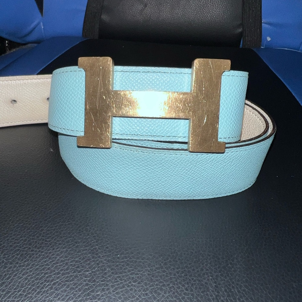 Hermes Light Blue Belt with Gold Buckle